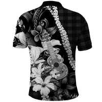 Hawaii Ukulele Polo Shirt Tropical Flowers With Palaka Effect Black Version - Polynesian Pride