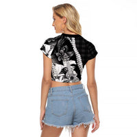 Hawaii Ukulele Raglan Cropped T Shirt Tropical Flowers With Palaka Effect Black Version - Polynesian Pride
