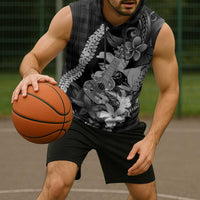 Hawaii Ukulele Sleeveless Hoodie Tropical Flowers With Palaka Effect Black Version - Polynesian Pride