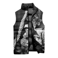 Hawaii Ukulele Sleeveless Puffer Jacket Tropical Flowers With Palaka Effect Black Version - Polynesian Pride