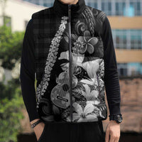 Hawaii Ukulele Sleeveless Puffer Jacket Tropical Flowers With Palaka Effect Black Version - Polynesian Pride
