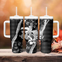 Hawaii Ukulele Tumbler With Handle Tropical Flowers With Palaka Effect Black Version - Polynesian Pride