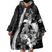 Hawaii Ukulele Wearable Blanket Hoodie Tropical Flowers With Palaka Effect Black Version - Polynesian Pride