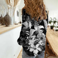 Hawaii Ukulele Women Casual Shirt Tropical Flowers With Palaka Effect Black Version - Polynesian Pride