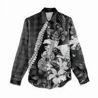 Hawaii Ukulele Women Casual Shirt Tropical Flowers With Palaka Effect Black Version - Polynesian Pride