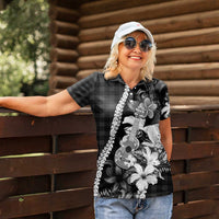 Hawaii Ukulele Women Polo Shirt Tropical Flowers With Palaka Effect Black Version - Polynesian Pride