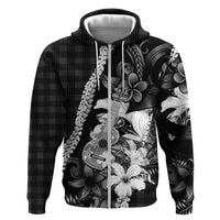 Hawaii Ukulele Zip Hoodie Tropical Flowers With Palaka Effect Black Version - Polynesian Pride