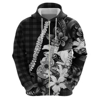 Hawaii Ukulele Zip Hoodie Tropical Flowers With Palaka Effect Black Version - Polynesian Pride