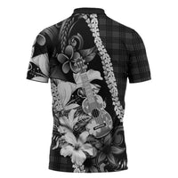 Hawaii Ukulele Zipper Polo Shirt Tropical Flowers With Palaka Effect Black Version - Polynesian Pride