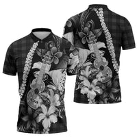 Hawaii Ukulele Zipper Polo Shirt Tropical Flowers With Palaka Effect Black Version - Polynesian Pride