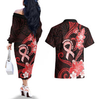 Heart Health Awareness Couples Matching Off The Shoulder Long Sleeve Dress and Hawaiian Shirt Warrior Wears Red Polynesian Style