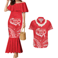 Heart Health Awareness Couples Matching Mermaid Dress and Hawaiian Shirt Polynesian Red Ribbon