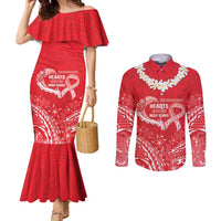 Heart Health Awareness Couples Matching Mermaid Dress and Long Sleeve Button Shirt Polynesian Red Ribbon