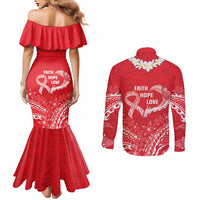 Heart Health Awareness Couples Matching Mermaid Dress and Long Sleeve Button Shirt Polynesian Red Ribbon