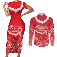 Heart Health Awareness Couples Matching Short Sleeve Bodycon Dress and Long Sleeve Button Shirt Polynesian Red Ribbon