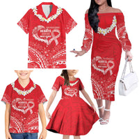 Heart Health Awareness Family Matching Off The Shoulder Long Sleeve Dress and Hawaiian Shirt Polynesian Red Ribbon