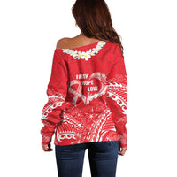 Heart Health Awareness Off Shoulder Sweater Polynesian Red Ribbon