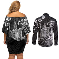 Hawaii King Kamehameha Day Couples Matching Off Shoulder Short Dress and Long Sleeve Button Shirt Polynesian Pattern Mix Hibiscus Black