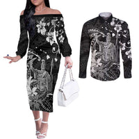 Hawaii King Kamehameha Day Couples Matching Off The Shoulder Long Sleeve Dress and Long Sleeve Button Shirt Polynesian Pattern Mix Hibiscus Black