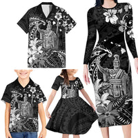 Hawaii King Kamehameha Day Family Matching Long Sleeve Bodycon Dress and Hawaiian Shirt Polynesian Pattern Mix Hibiscus Black