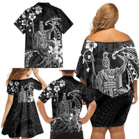 Hawaii King Kamehameha Day Family Matching Off Shoulder Short Dress and Hawaiian Shirt Polynesian Pattern Mix Hibiscus Black