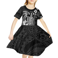 Hawaii King Kamehameha Day Kid Short Sleeve Dress Polynesian Pattern Mix Hibiscus Black