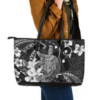 Hawaii King Kamehameha Day Leather Tote Bag Polynesian Pattern Mix Hibiscus Black