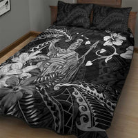 Hawaii King Kamehameha Day Quilt Bed Set Polynesian Pattern Mix Hibiscus Black