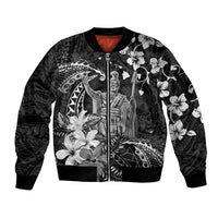 Hawaii King Kamehameha Day Sleeve Zip Bomber Jacket Polynesian Pattern Mix Hibiscus Black