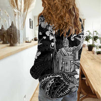 Hawaii King Kamehameha Day Women Casual Shirt Polynesian Pattern Mix Hibiscus Black