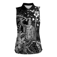 Hawaii King Kamehameha Day Women Sleeveless Polo Shirt Polynesian Pattern Mix Hibiscus Black LT05 Female Black - Polynesian Pride