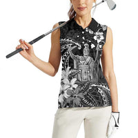 Hawaii King Kamehameha Day Women Sleeveless Polo Shirt Polynesian Pattern Mix Hibiscus Black LT05 - Polynesian Pride