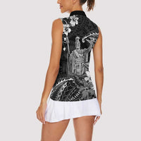 Hawaii King Kamehameha Day Women Sleeveless Polo Shirt Polynesian Pattern Mix Hibiscus Black LT05 - Polynesian Pride