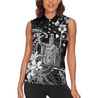 Hawaii King Kamehameha Day Women Sleeveless Polo Shirt Polynesian Pattern Mix Hibiscus Black LT05 - Polynesian Pride