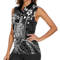 Hawaii King Kamehameha Day Women Sleeveless Polo Shirt Polynesian Pattern Mix Hibiscus Black LT05 - Polynesian Pride