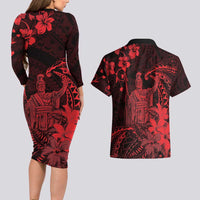 Hawaii King Kamehameha Day Couples Matching Long Sleeve Bodycon Dress and Hawaiian Shirt Polynesian Pattern Mix Hibiscus Red