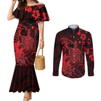 Hawaii King Kamehameha Day Couples Matching Mermaid Dress and Long Sleeve Button Shirt Polynesian Pattern Mix Hibiscus Red