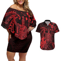 Hawaii King Kamehameha Day Couples Matching Off Shoulder Short Dress and Hawaiian Shirt Polynesian Pattern Mix Hibiscus Red