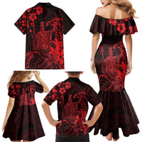 Hawaii King Kamehameha Day Family Matching Mermaid Dress and Hawaiian Shirt Polynesian Pattern Mix Hibiscus Red