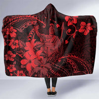 Hawaii King Kamehameha Day Hooded Blanket Polynesian Pattern Mix Hibiscus Red