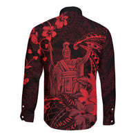 Hawaii King Kamehameha Day Long Sleeve Button Shirt Polynesian Pattern Mix Hibiscus Red