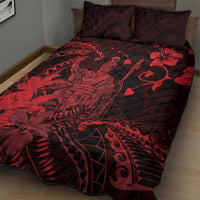 Hawaii King Kamehameha Day Quilt Bed Set Polynesian Pattern Mix Hibiscus Red