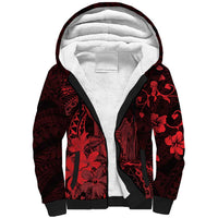 Hawaii King Kamehameha Day Sherpa Hoodie Polynesian Pattern Mix Hibiscus Red