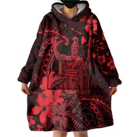 Hawaii King Kamehameha Day Wearable Blanket Hoodie Polynesian Pattern Mix Hibiscus Red
