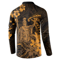 Hawaii King Kamehameha Day Button Sweatshirt Polynesian Pattern Mix Hibiscus Gold