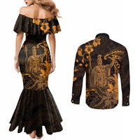 Hawaii King Kamehameha Day Couples Matching Mermaid Dress and Long Sleeve Button Shirt Polynesian Pattern Mix Hibiscus Gold