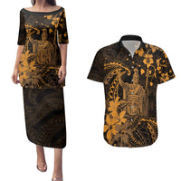 Hawaii King Kamehameha Day Couples Matching Puletasi and Hawaiian Shirt Polynesian Pattern Mix Hibiscus Gold