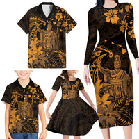 Hawaii King Kamehameha Day Family Matching Long Sleeve Bodycon Dress and Hawaiian Shirt Polynesian Pattern Mix Hibiscus Gold