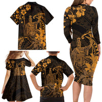 Hawaii King Kamehameha Day Family Matching Long Sleeve Bodycon Dress and Hawaiian Shirt Polynesian Pattern Mix Hibiscus Gold