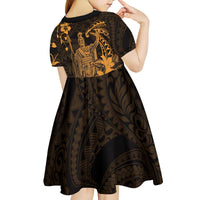 Hawaii King Kamehameha Day Kid Short Sleeve Dress Polynesian Pattern Mix Hibiscus Gold